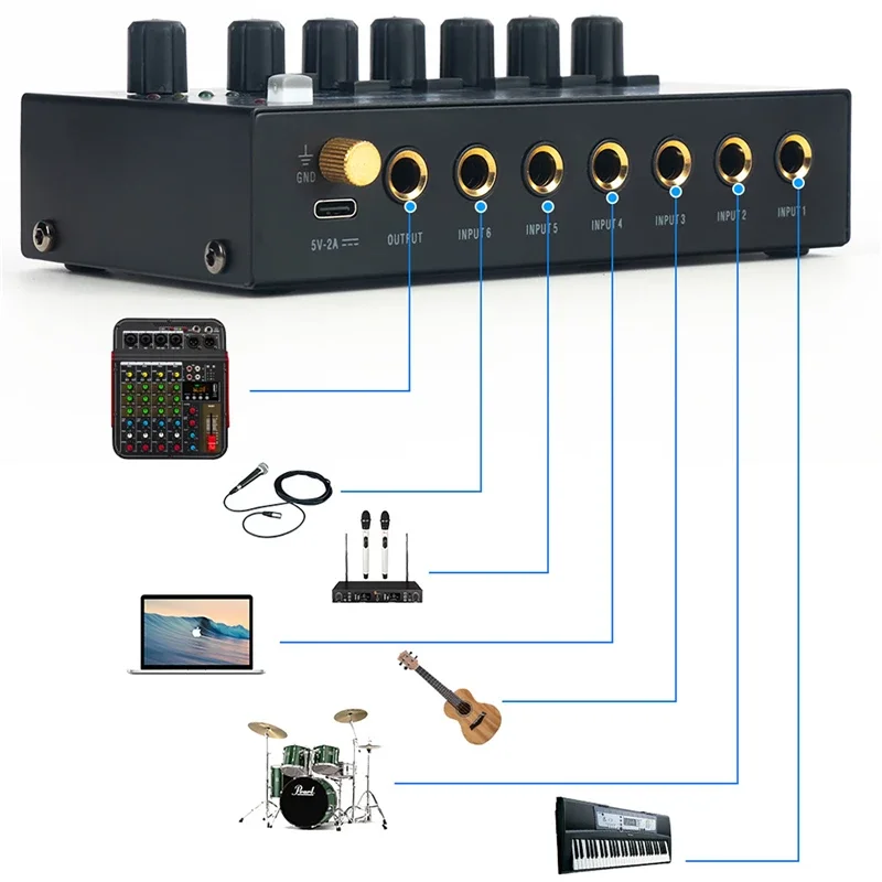 DX600 Ultra Low Noise 6 Channel Line Mixer Mini Sound Mixer Power Supply DC5V Easy Operation