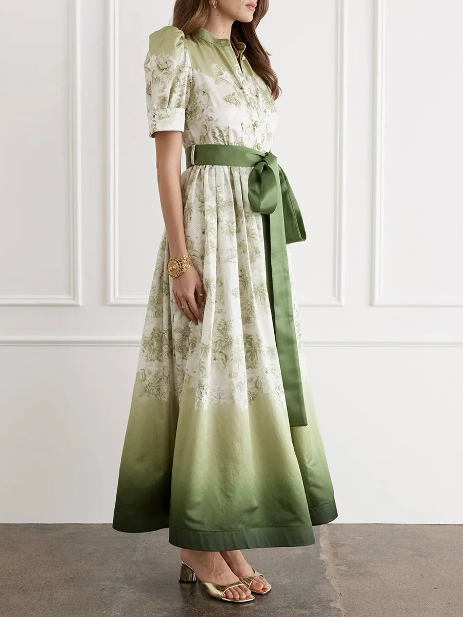 Vgh prairie chique impressão maxi vestido para mulheres gola manga curta pathwork cetim rendas até vestidos de festa elegantes feminino novo