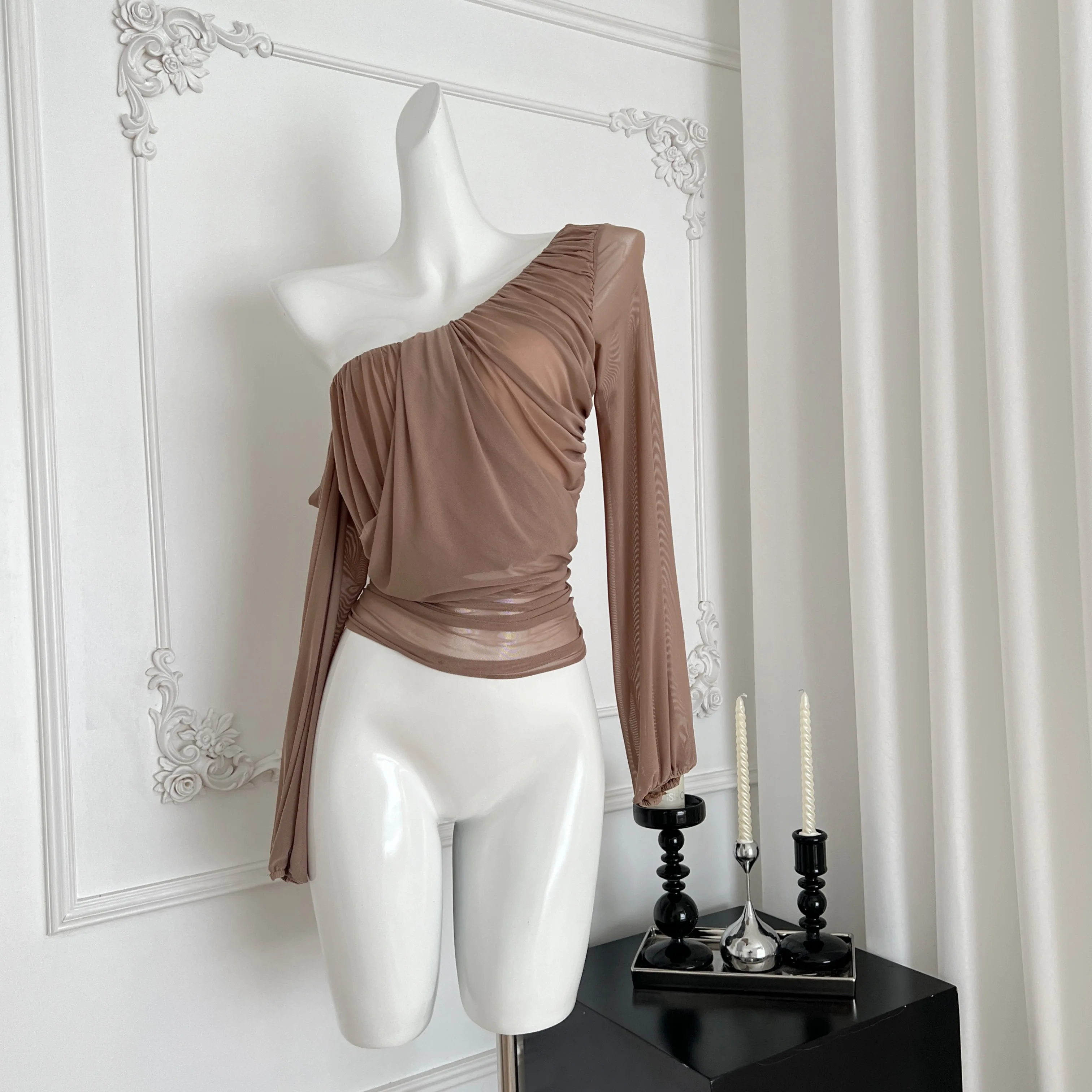 

2025 Sexy but Cute One Shoulder Sexy Mesh See Through Blouse Short Off Shoulder Slim Long Sleeved Thin Tops