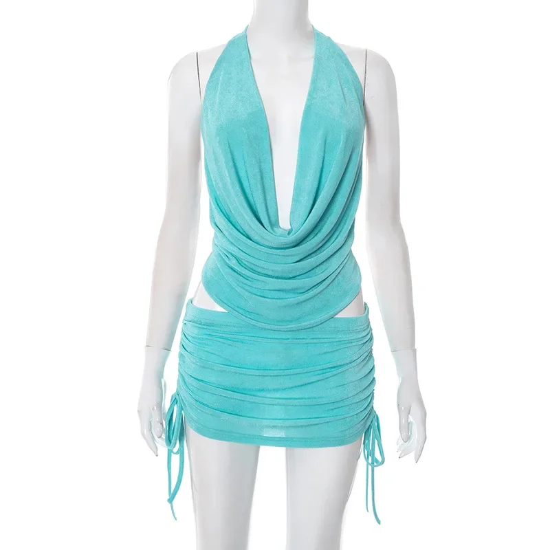 

Solid 2 Piece Set Women Summer Sexy Swinging Collar Lace Up Halter Backless Tank Tops + Drawstring Bodycon Mini Skirts Clubwear