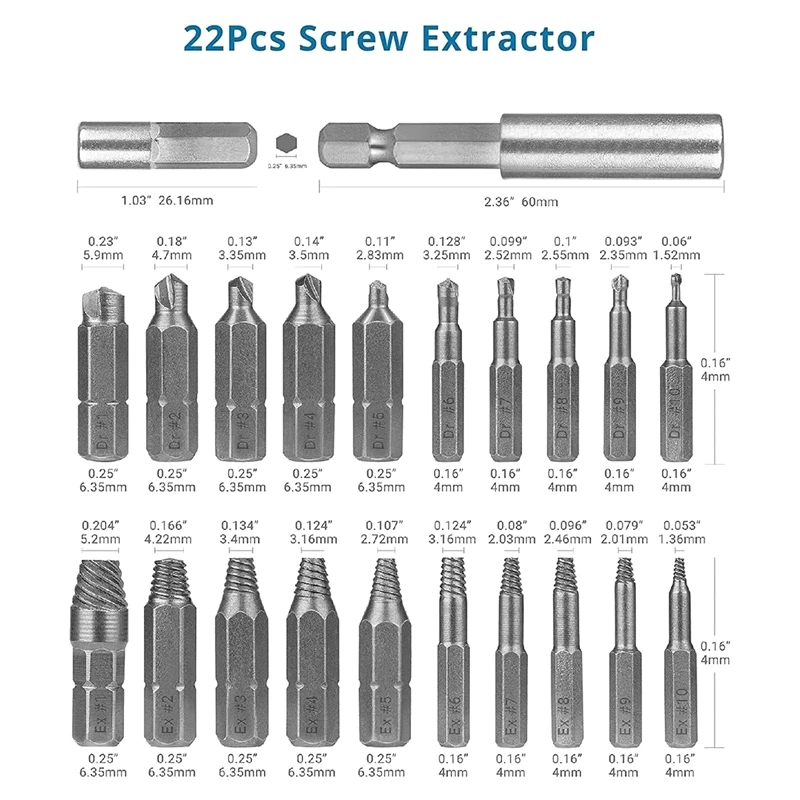 مجموعة أدوات استخراج البراغي التالفة ABGR-22، مجموعة أدوات استخراج المسمار المقطوعة سهلة الإزالة، مصنوعة من H.S.S. 4341، الصلابة 62-63Hrc