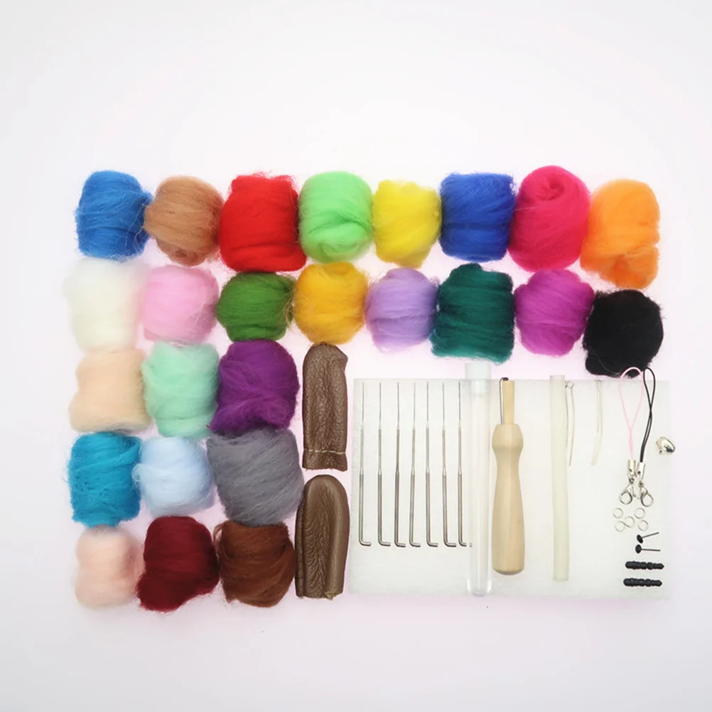 

25 Color Wool Fiber for Felting with Yarn Roving Kit Tools Needles Crafting Weaving Knitting DIY Jewelry Dryer Balls Set