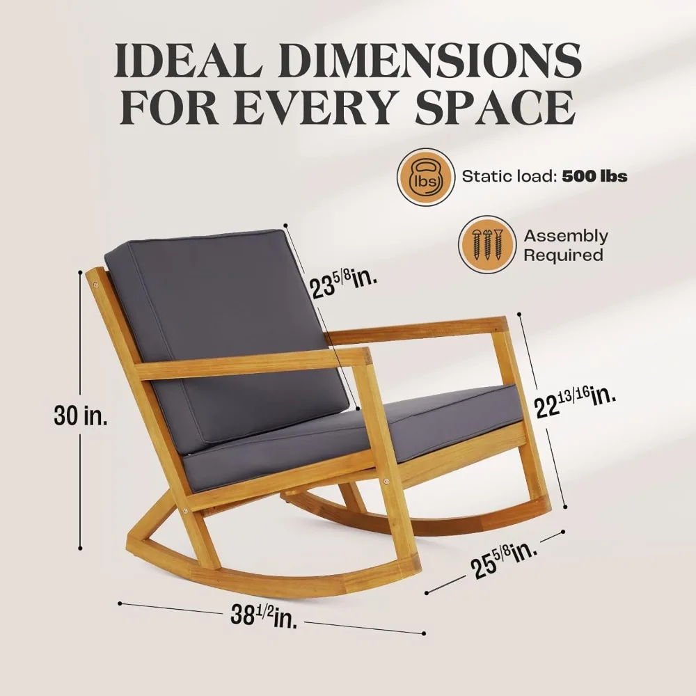 Outdoor rocking chair 500 lb capacity, with sloping backrest, thick foam, solid acacia wood, suitable for patio and backyard