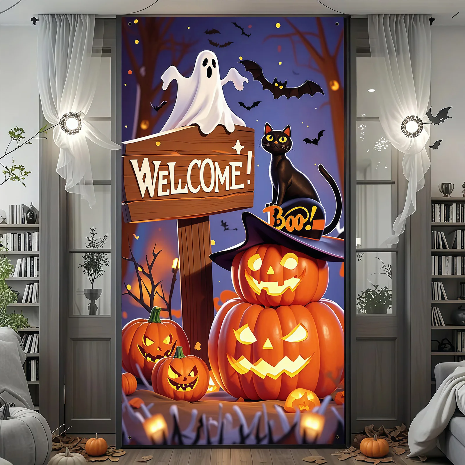 โลโก้ปาร์ตี้ฮาโลวีน 1 ชิ้นพร้อมดีไซน์ที่มีลักษณะเป็นฟักทอง แมวดำ และผี ของตกแต่งฮาโลวีน