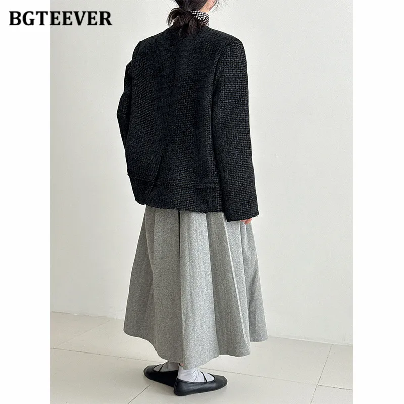 BGTEEVER Stylowe tweedowe marynarki damskie z okrągłym dekoltem, eleganckie, z długim rękawem i kieszeniami, idealne na jesień i zimę.