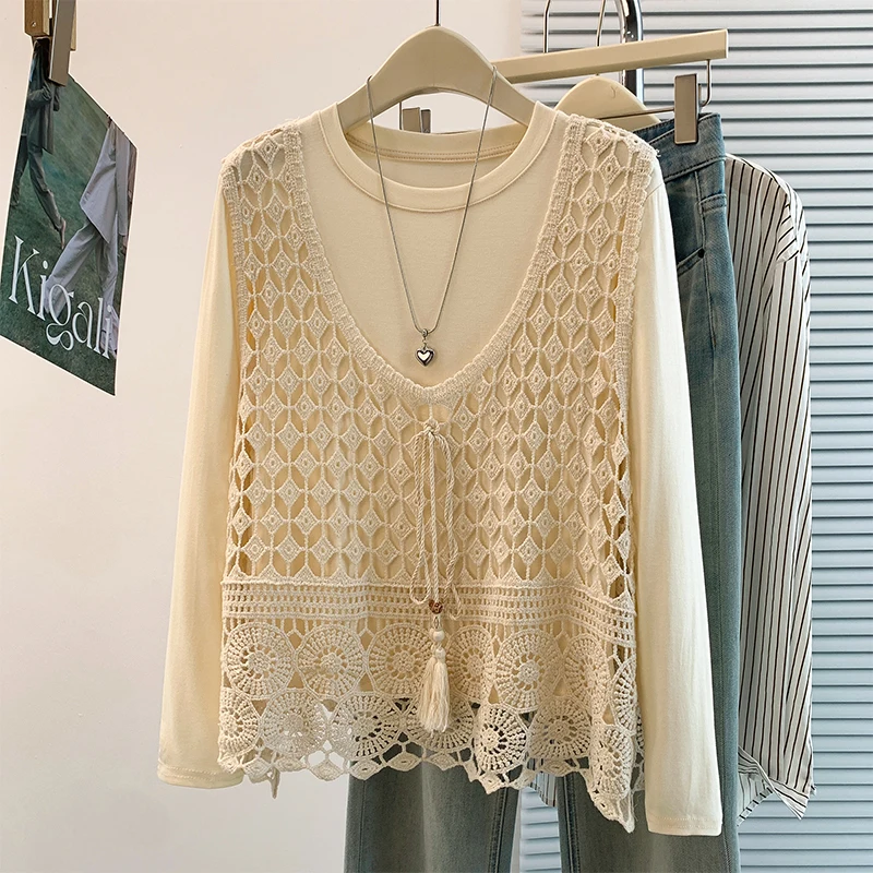Women's Hollow out Long Sleeve T-Shirt Vest Two-Piece Set Loose Fit Outerwear Top Pure Color Autumn Fashion Ensemble