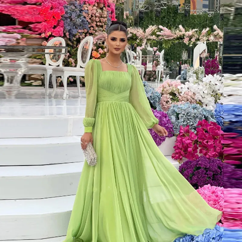 Aleeshuo gaun Prom klasik, A-Line lengan panjang Puff sifon kerah persegi gaun Prom panjang lantai Arab Dubai Vestido De Novia