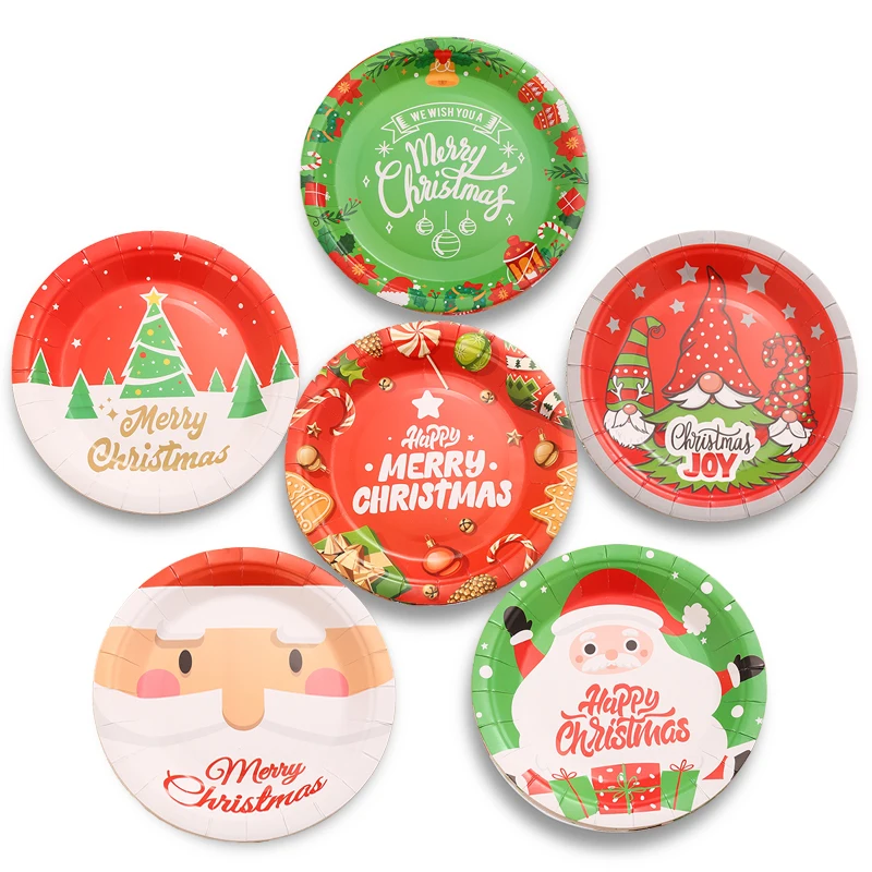 10pcs Christmas Party Decoration Cartoon 7 In Christmas Paper Plate Disposable Plate Santa Claus Plate Party Tableware