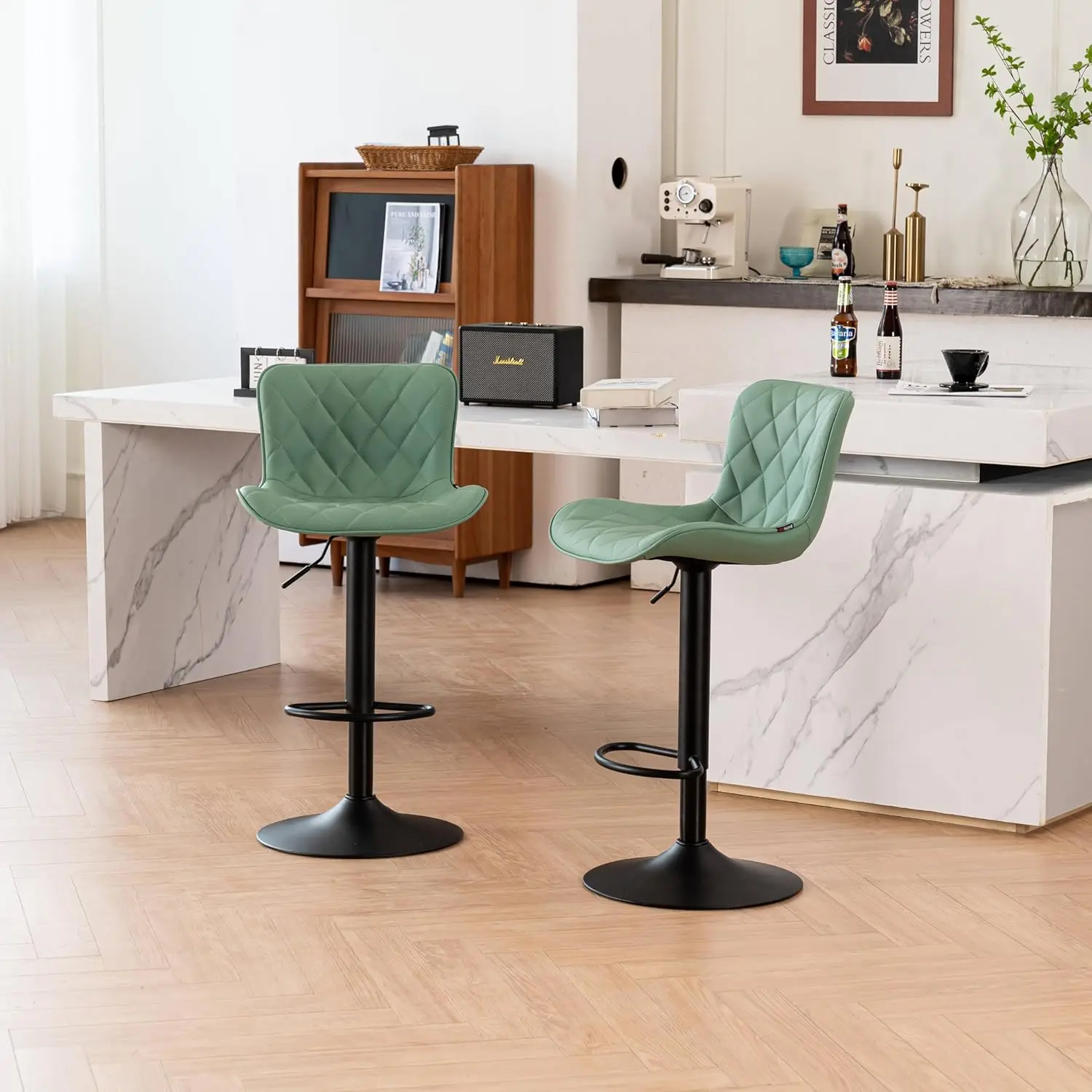 Taburetes de bar Juego de 2 con respaldo Taburetes de bar giratorios modernos de piel sintética con altura de mostrador Sillas de taburete de bar alto ajustables para