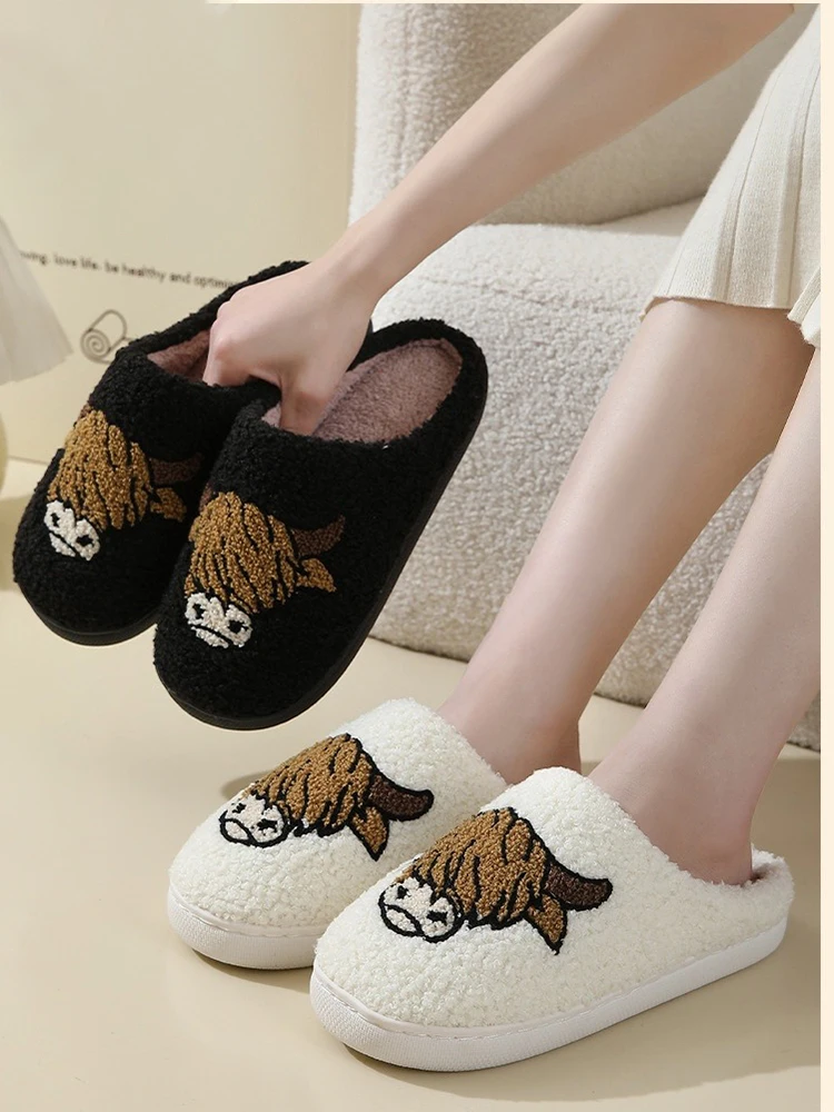 Winter Women\'s Slippers Cute and Interesting Cartoon Cow Pattern Indoor Warm Comfort Home Bedroom Soft Causal  Plush Shoes