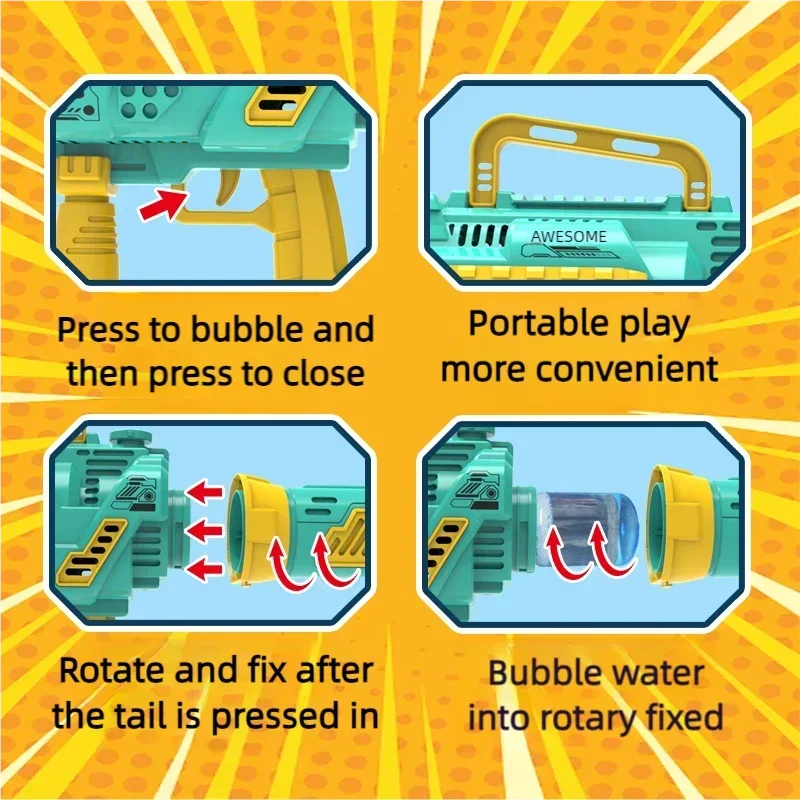 بنادق فقاعات الصواريخ الأوتوماتيكية الكبيرة مع ثقوب خفيفة على شكل رشاش سريع قاذفة فقاعات منفاخ الصابون ألعاب خارجية للأطفال