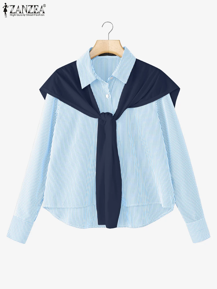 ZANZEA 長袖シャツ女性フェイクツーピーストップス 2025 秋ストライプブラウスパッチワークカジュアルルーズエレガントオフィスブラウス OL