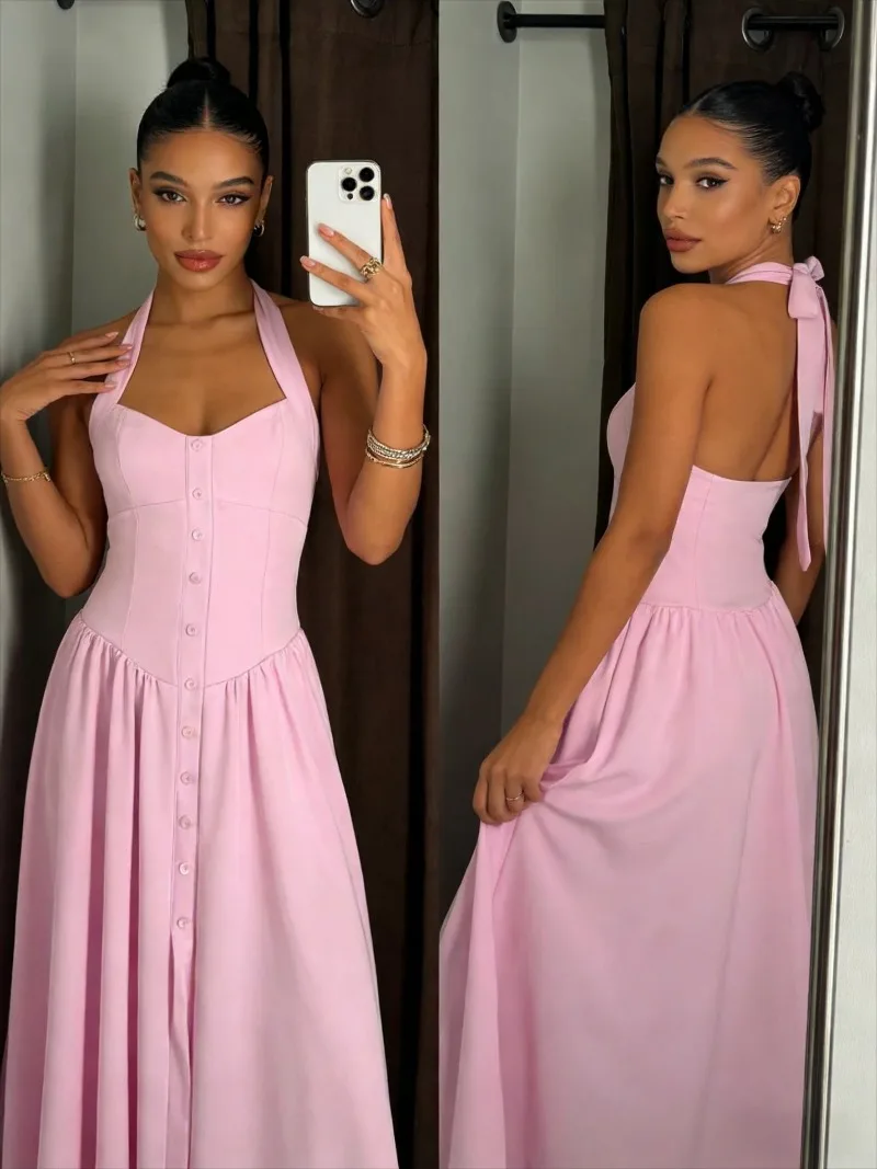 

Women's Sexy Solid Pink Halter V Collar Sling Midi Dress New Fashion Sleevless Halter Split Dress Backless Long Dresses Femme