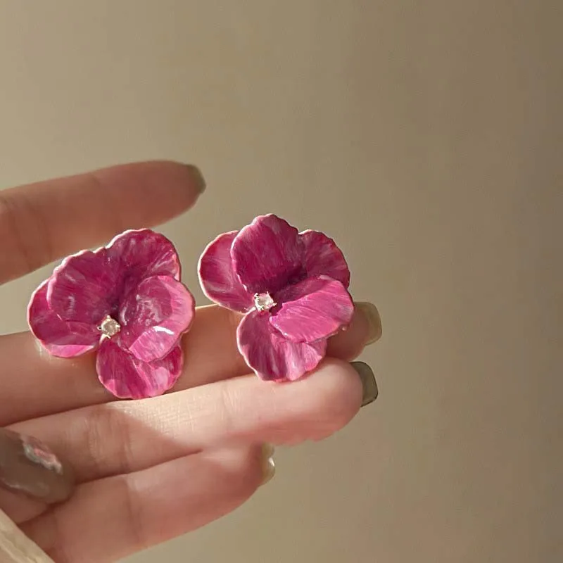 Pink Flowers Drops Glaze Earrings Japanese And South Korean Style Elegant Fashion Stud Earrings Ms Travel Wedding Accessories