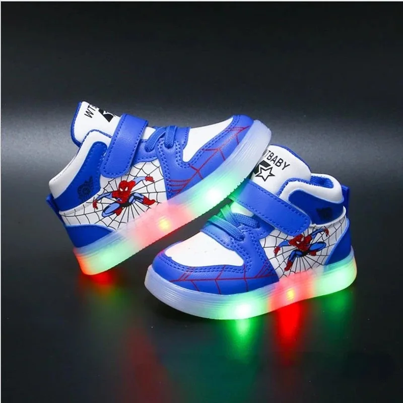 Disney Kinder LED leichte Schuhe Mode Aoger Spiderman Jungen Turnschuhe Mädchen Cartton Freizeit schuhe atmungsaktive Kinder Sportschuhe