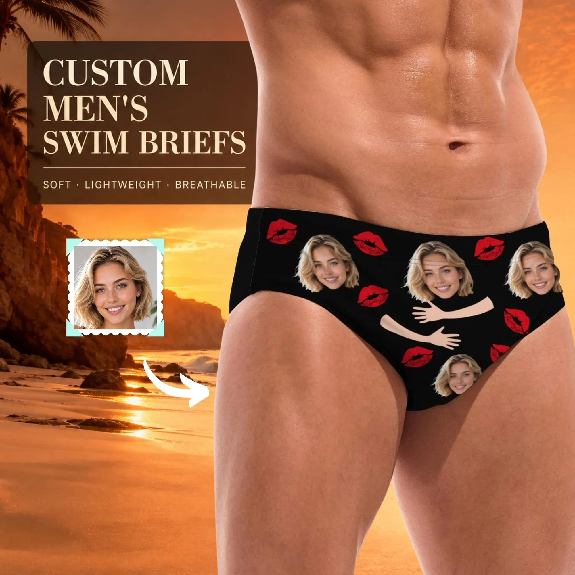 Custom Red Lips Photos Men's Swimming Trunks Sea Surf Short Breathable Comfotable Men Swim Briefs DIY Personalized Funny Gifts