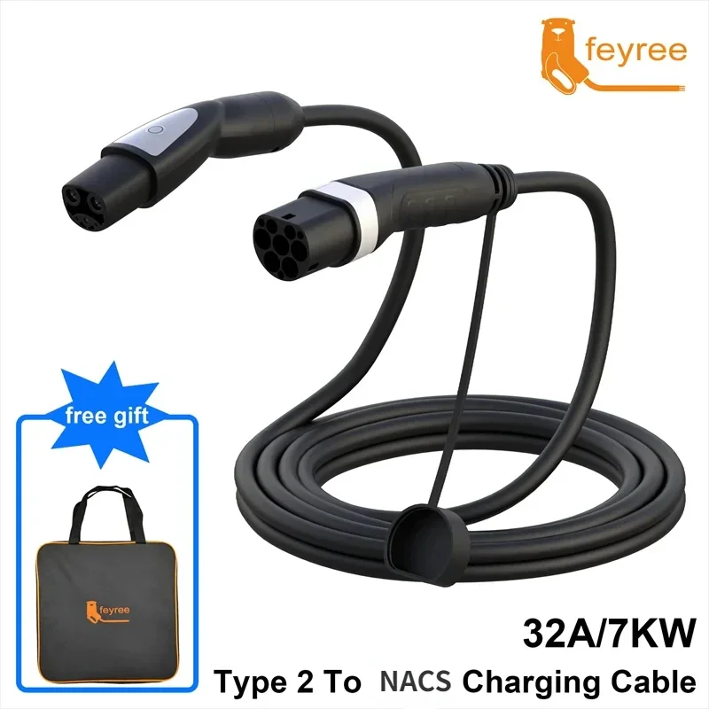 feyree 16A 3.5KW 32A 7KW 1Phase Type2 to Tesla NACS Socket EV Charger Cable for Tesla Model 3 Y X S for Public Charging Station