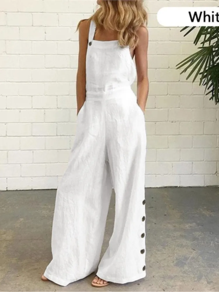 

Summer Fashion Womens Sleeveless Loose Jumpsuit 2023 Ladies Solid Pockets Wide Leg Pants Long Trousers Suspenders Street Leisure