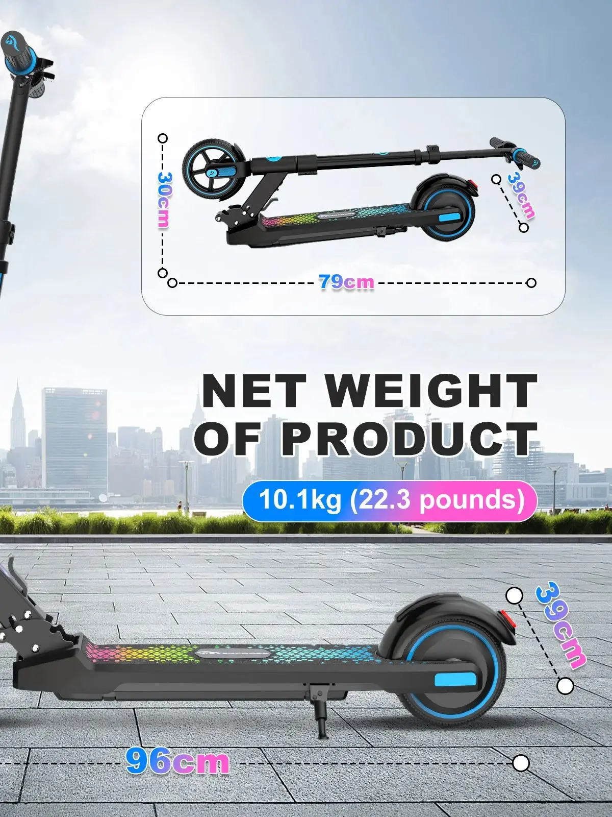 EVERCROSS TECH EV06C elektrische kinder scooters, opvouwbaar, tot 15 KM/H, LED-scherm, kleurrijke verlichting - afbeelding 2