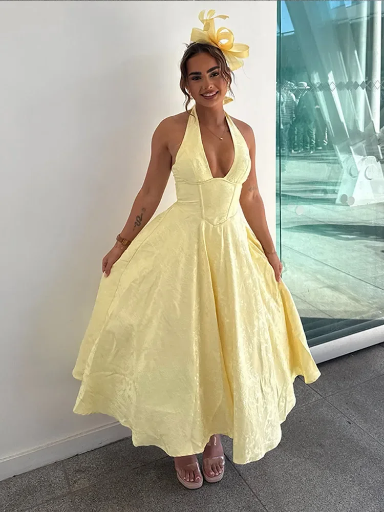 

Sexy Deep V-neck Women Jacquard Maxi Dress Fashion Backless Sleeveless High Waist Halter Dresses Summer Lady Solid Party Robes