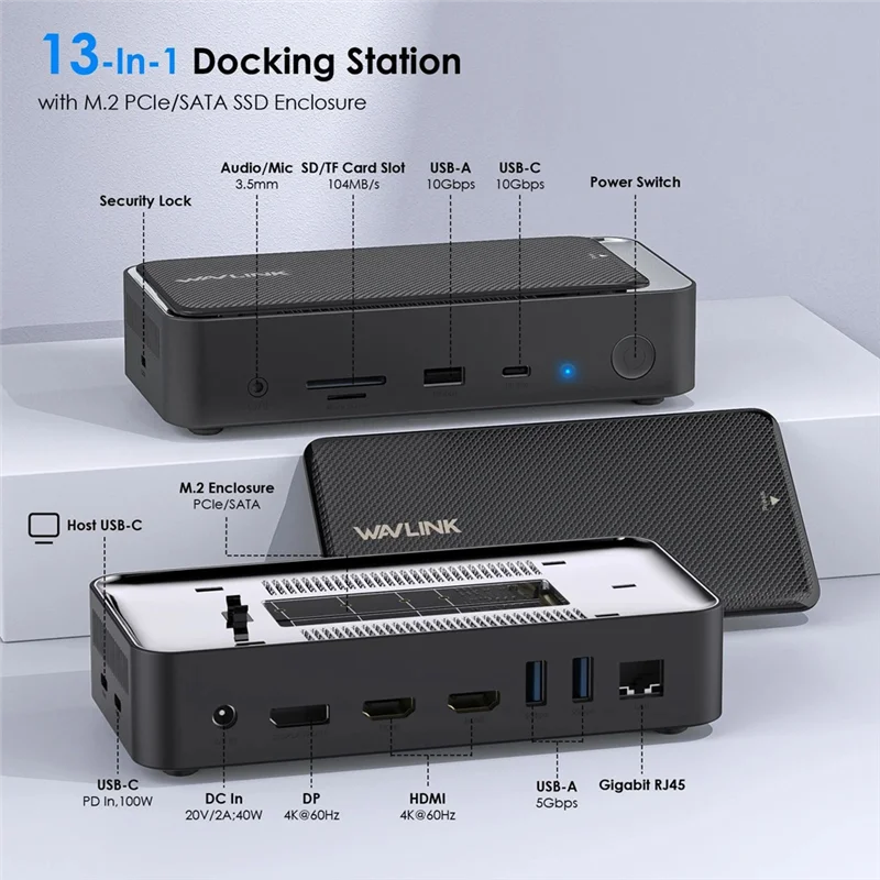 전문가 및 게이머를 위한 USB C 13-In-1 도킹 스테이션 트리플 4K@60Hz 디스플레이 M.2 Pcie/SATA SSD 인클로저