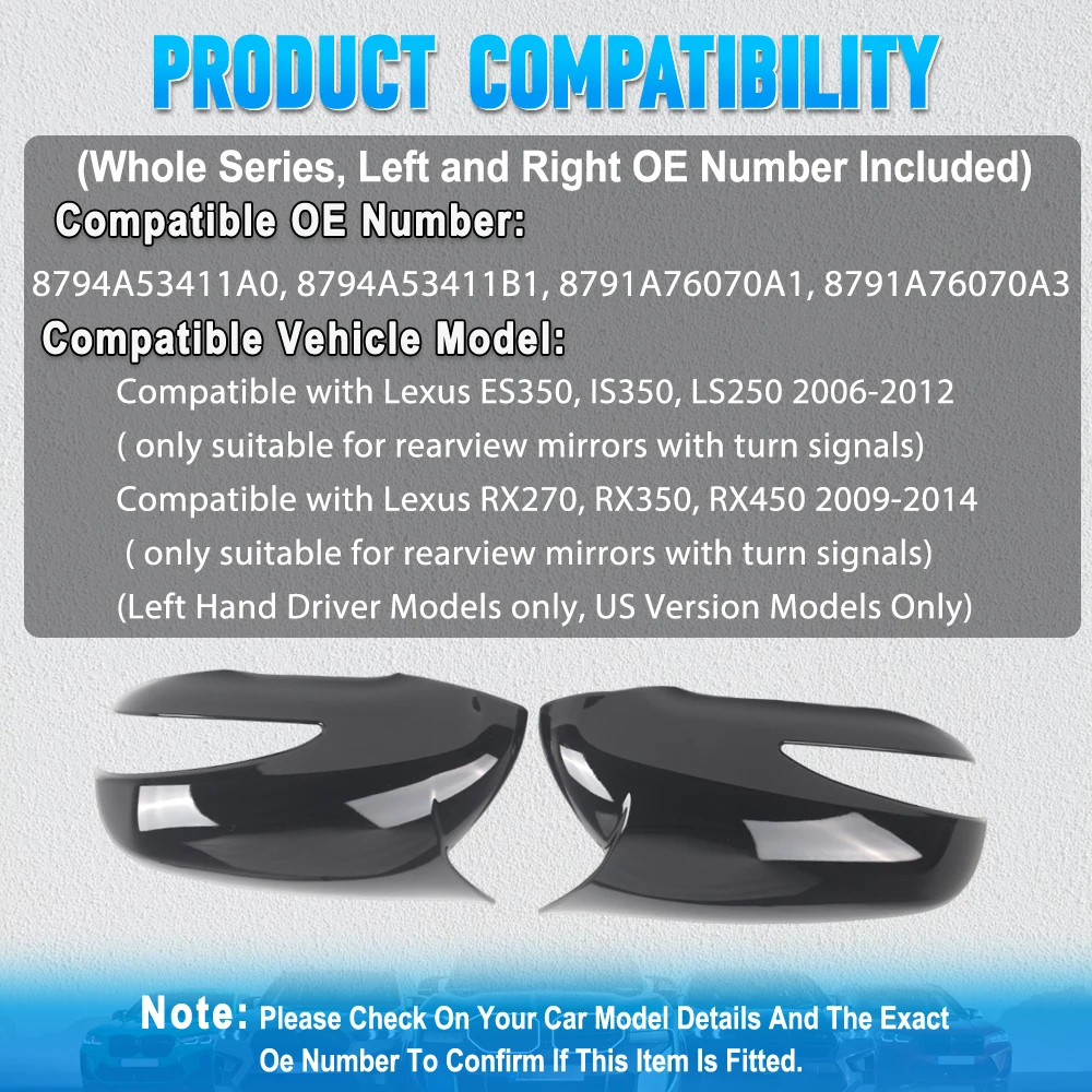 2pcs Rearview Mirror Cap Side Mirror Cover for Lexus ES350 IS350 LS250 2006 2007 2008 2009 2010 2011 2012 US Version Models