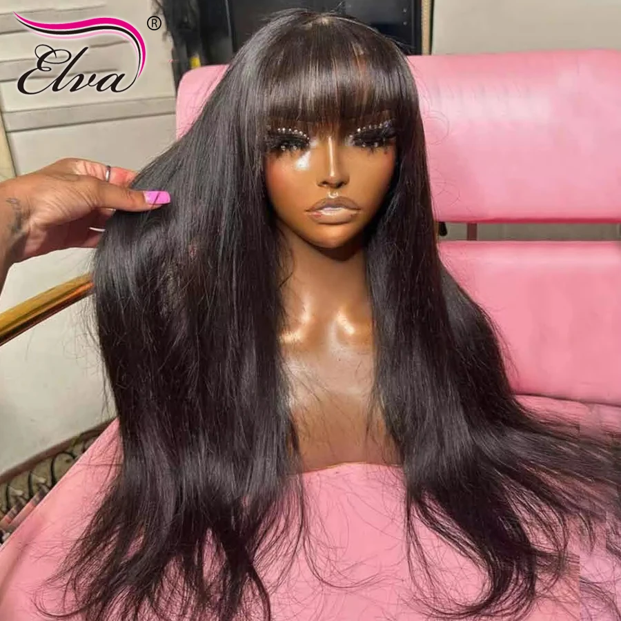 Elva الطبيعية الأسود بانج HD الدانتيل الجبهة الباروكات قبل قطعها مستقيم غلويليس HD الدانتيل إغلاق شعر مستعار ابيض عقدة HD الباروكات للنساء