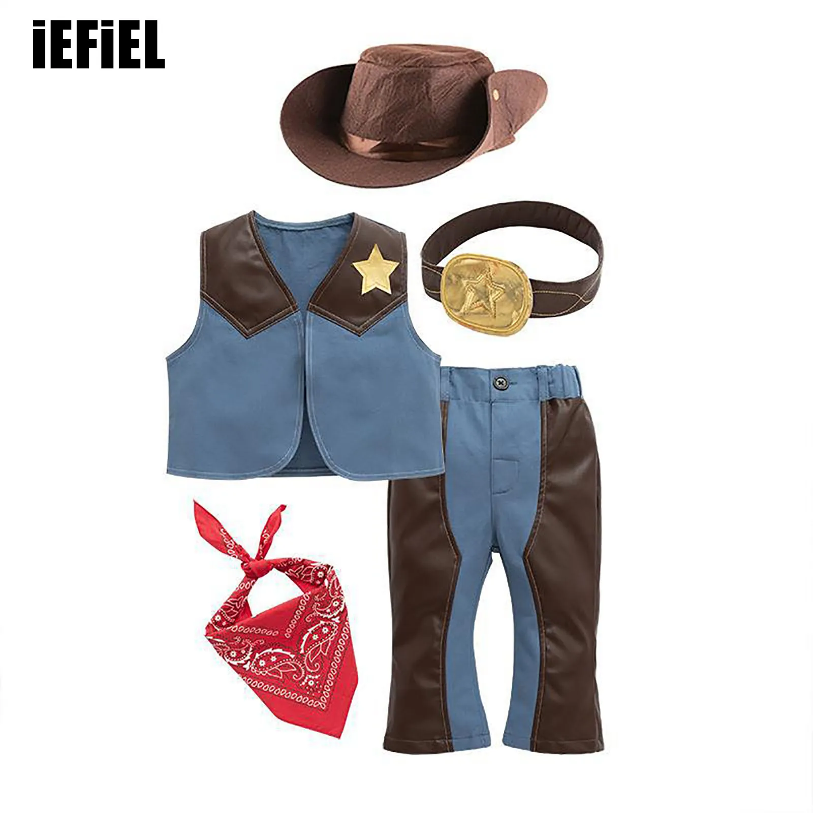 

Kids Boys Halloween Cowboy Cosplay Costume Set Cowboy Hat Scarf Vest Coat And Pants Set Western Cowboy Cosplay Costume