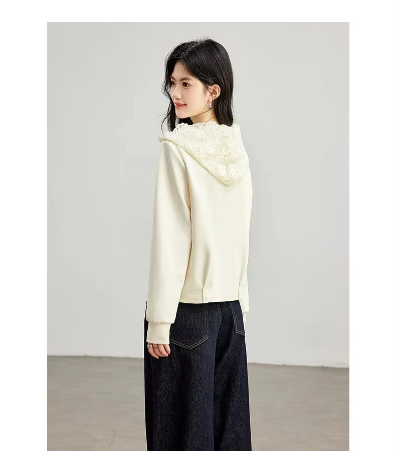 VIMLY Women's Hooded Sweatshirt 2026 Autumn Elegant Lace Trim Splicing Casual Pullover Fashion Long Sleeve Top Ladies A7628