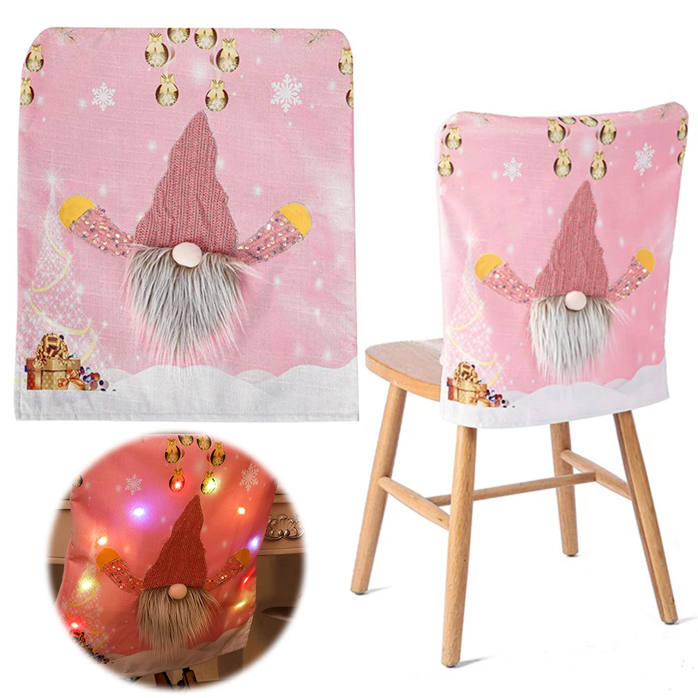 Christmas Pink Dwarf Chair Covers with LED Lights Gnome Chair Back Covers Rudolph Chair Slipcovers for Restaurant Hotel