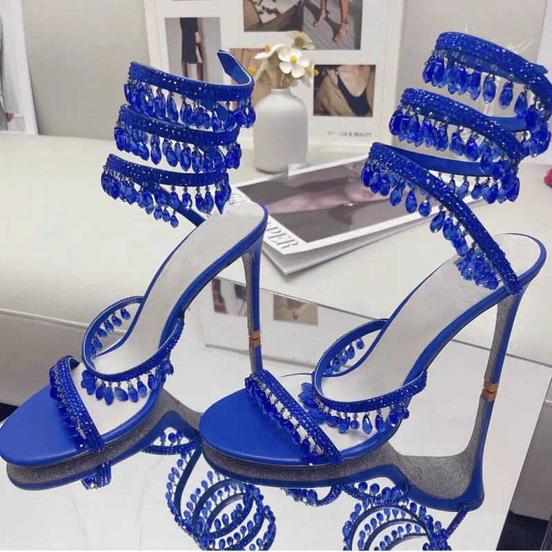 Crystal Pendant Beaded Sandals Wrapped Calf Round Toe Sandals Open Toe Slips Sexy Super High Heels Summer Party Dress Sandals 44