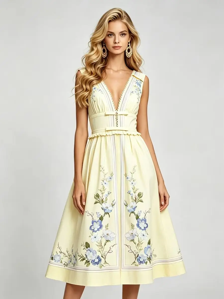 Sexy tiefes V-Ausschnitt-Kleid mit Schleifendetail und Rüschen, schmales A-Linien-Maxikleid für Damen, ärmelloses Sommerkleid mit Blumenmuster aus Baumwolle und Leinen