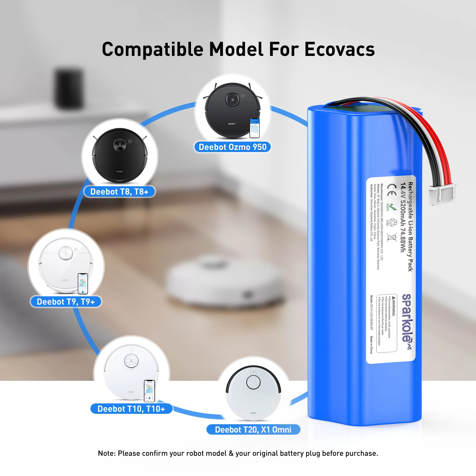 Sparkole 14.4V Li-ion Battery Replacement For Ecoavacs Deebot Ozmo 950 T8 T8+ T10 T9 X1 T20 Omni DX96 DX93 Robot Vacuum Cleaner