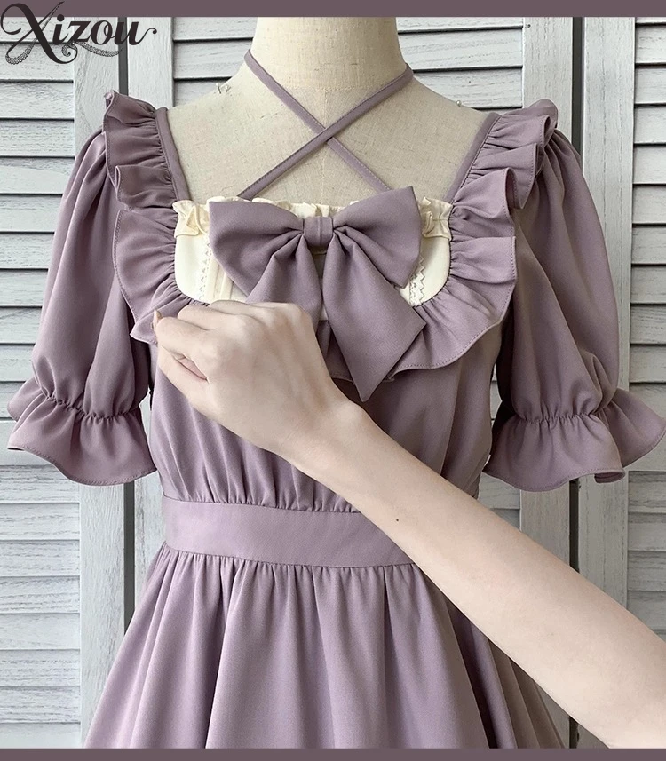 2025 فساتين لوليتا النسائية اليابانية الأرجواني الحلو Kawaii Y2k نفخة الأكمام القوس طوق الكشكشة سليم صالح الأميرة فستان صيفي سيدة