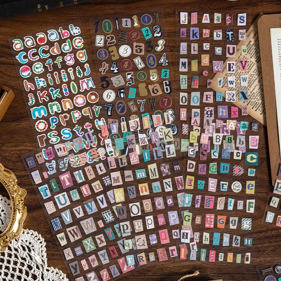 6pcs Retro Alphabet Number Deco Stickers for Scrapbooking Handbook Graffiti Colorful English Letter Stickers Stationery Decal