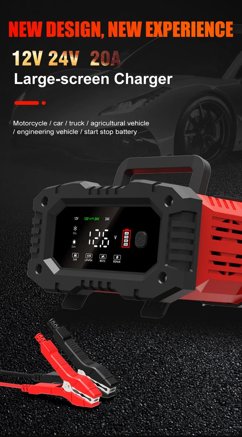 Tragbares 10A/20A-Ladegerät für Start-Stop-Batterien, Autoreparatur und Schnellladung für 12 V/24 V AGM LiFePO4-Auto, LKW, Motorrad – Detail 2