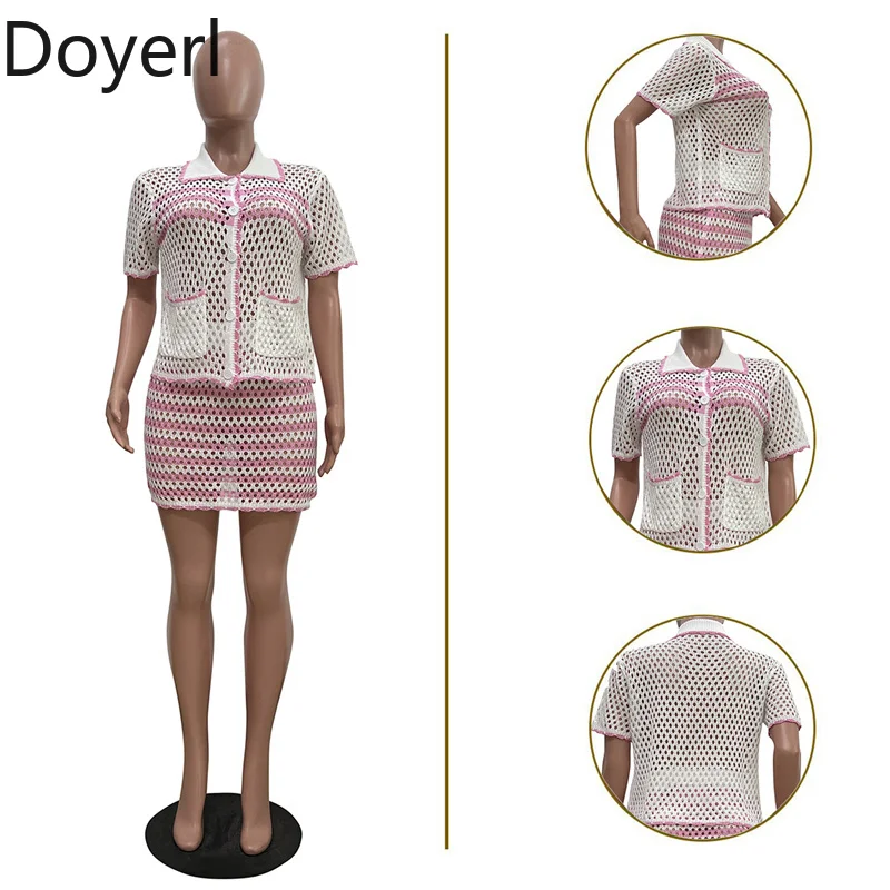 Doyerl Pakaian Wanita Set 2 Potong Berongga Rajutan Pakaian Pantai Liburan Atasan Tembus Pandang Bergaris dan Set Rok Ensemble Femme