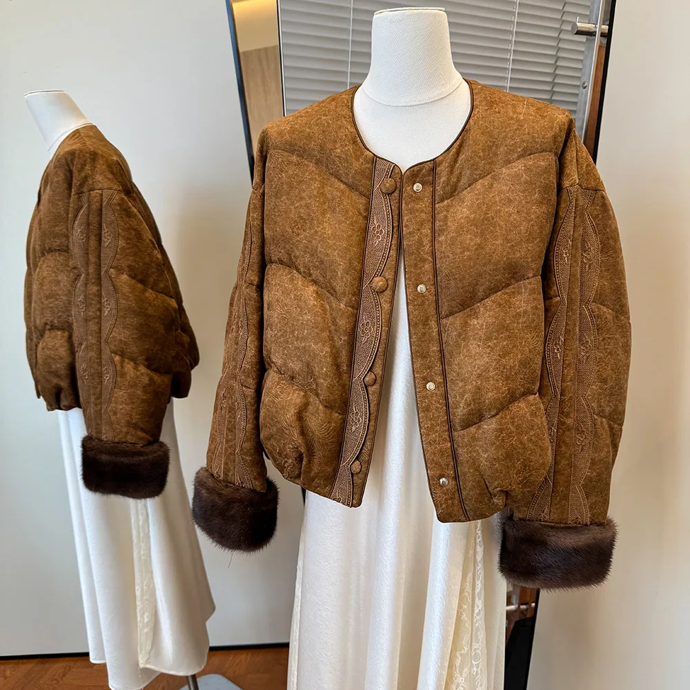 

Mink Goose down Jaet out of Sto Unique Collection Stand Fit Women's Leather Coat Long Sve Filled Spring Season