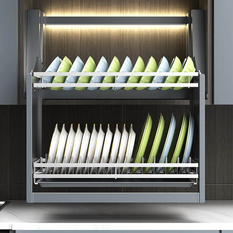 Kitchen Cabinet Accessories Pull Down Cabinet Organizer Large Capacity Double Layer Electric Lift Dish Rack Lift Cabinet