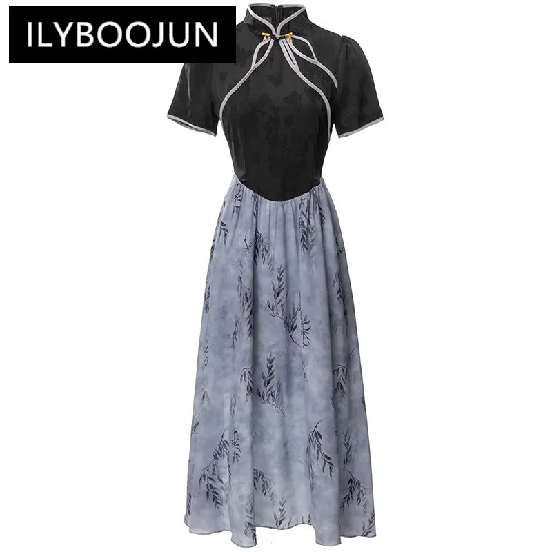 

ILYBOOJUN Fashion Designer Summer Vintage Dress Women's Hollow Out Stand Collar Short Sleeve Floral Print Chinese Style Dresses