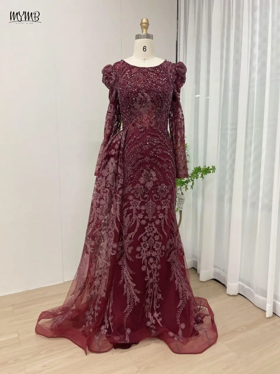 

MYMB Elegant Wine Long Sleeves Beaded Formal Occasion Dresss for Special Events 2024 Arabic Luxury Mermaid Evening Wedding Gowns