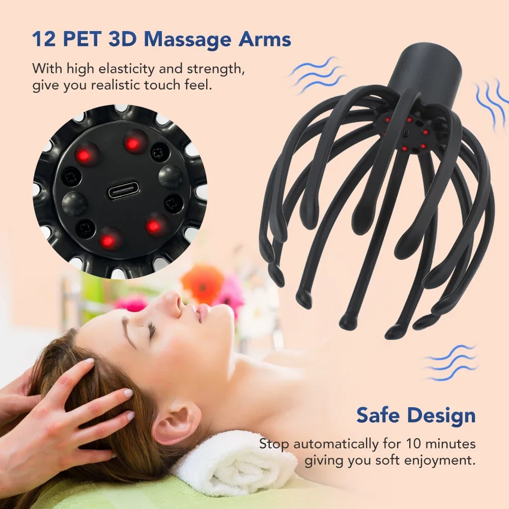 

Electric Octopus Head Massager Wireless Vibrating Scalp Massager USB Charging Head Scratcher for Stress Relief Migraine Relax