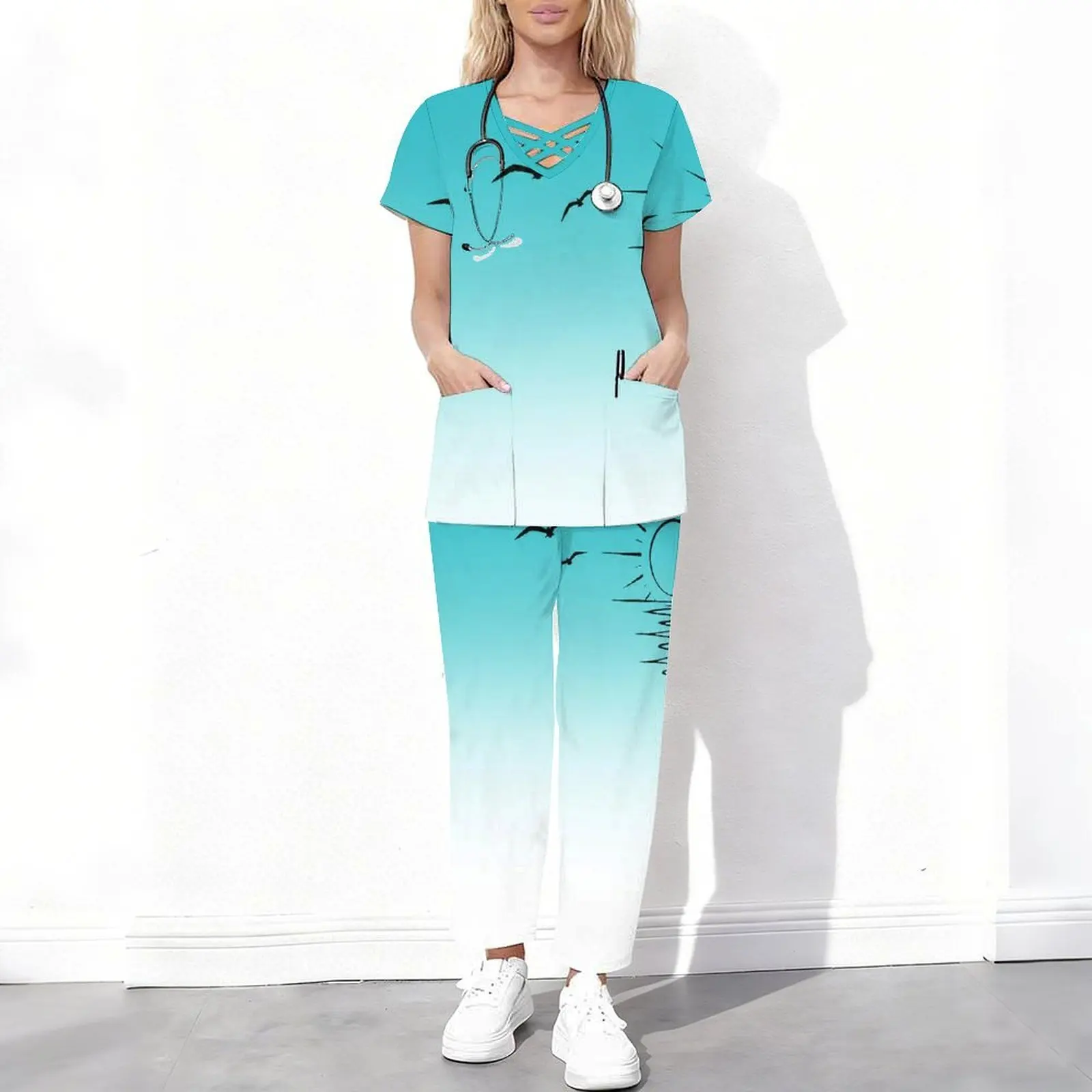 Women Gradient Palm Tree Printed Cutout V Neck Short Sleeve Scrub Top and Long Pants Two Piece Set