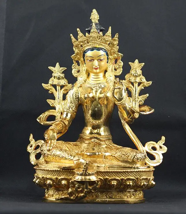 33CM LARGE  Buddhism TOP GOOD Buddha figure HOME BLESS Talisman Protection- gilding Tibetan Green Tara BRASS statue