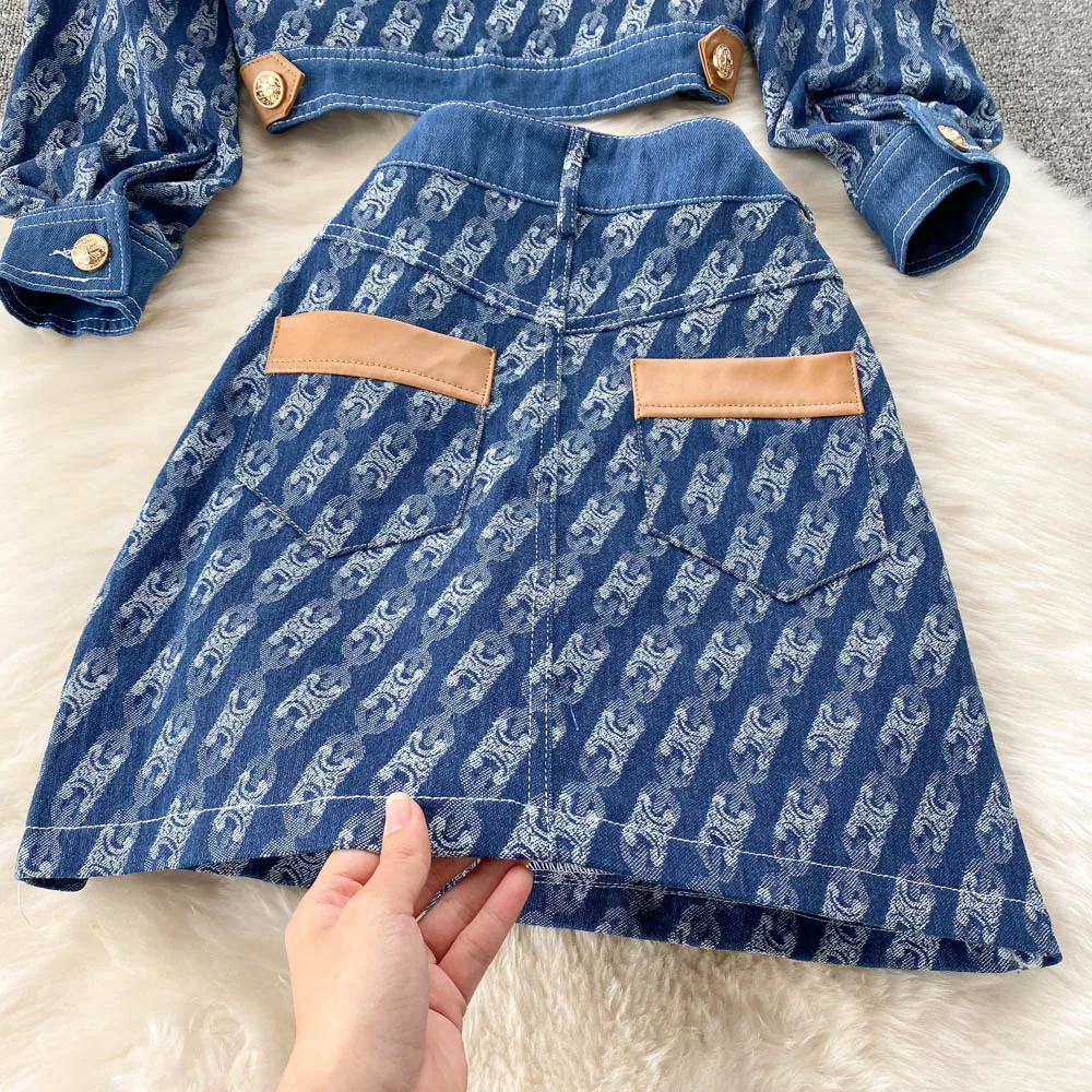 New Spring Women Design Print Denim Set Turndown-Collar Slim Short Outerwear+High Waist A-line Short Skirt Two Piece Suits