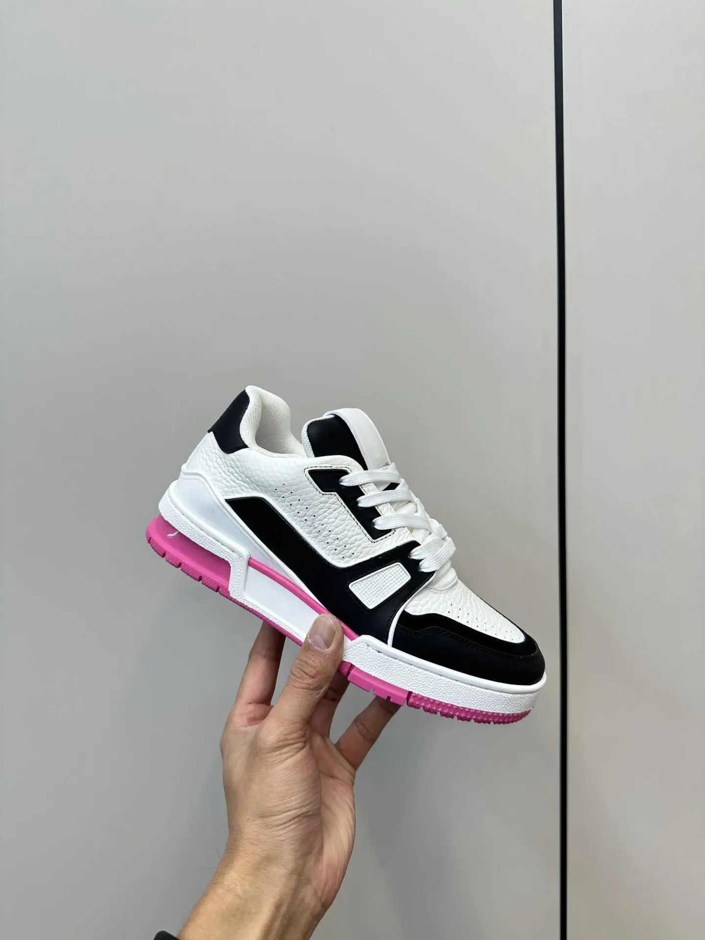 Unisex Black White Pink Color Block Skate Sneakers Faux Leather Splicing Lace Up Flat Street Shoes