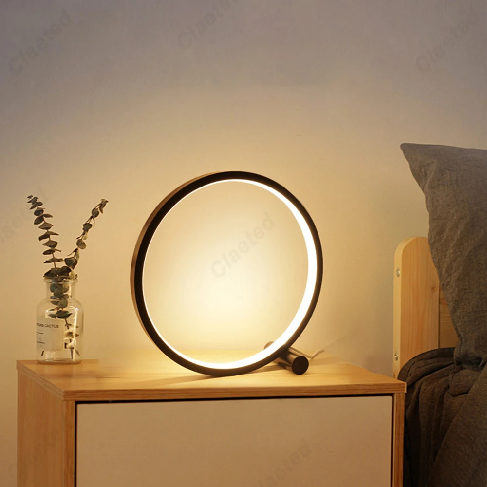 Lámpara de mesa de anillo Circular Simple LED, luz nocturna redonda regulable, dormitorio, mesita de noche, sala de estar, restaurante, Hotel, 25CM