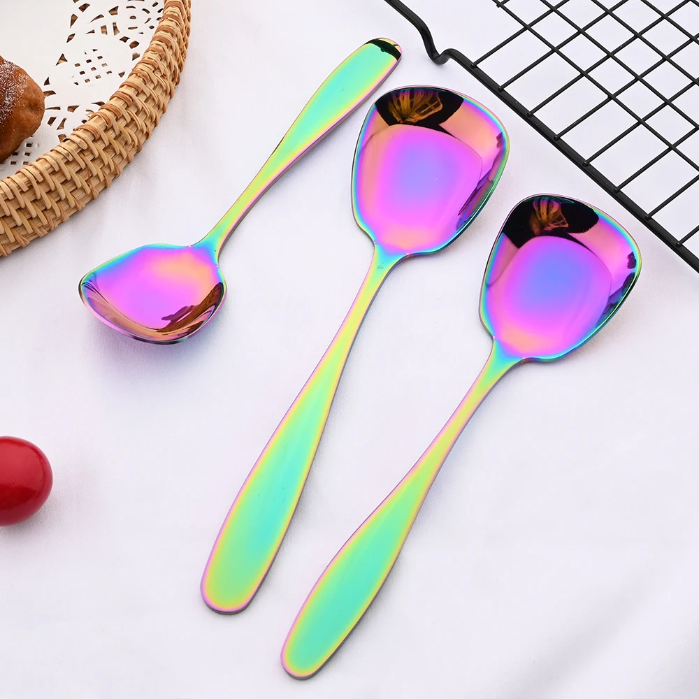 Black 3Pcs Stainless Steel Food Service Spoon Large Rice Shovel Tableware Long Handle Square Spatula Kitchen Gadgets for Home