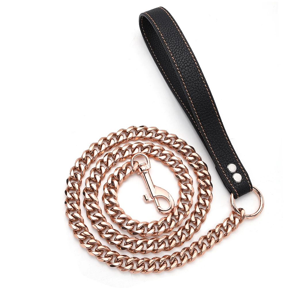 

11/15mm Wide Rose Gold Tone Stainless Steel Curb Cuban Link Chain Dog Leash with Leather Handle for Pitbull Bulldog 3FT/4FT/5FT