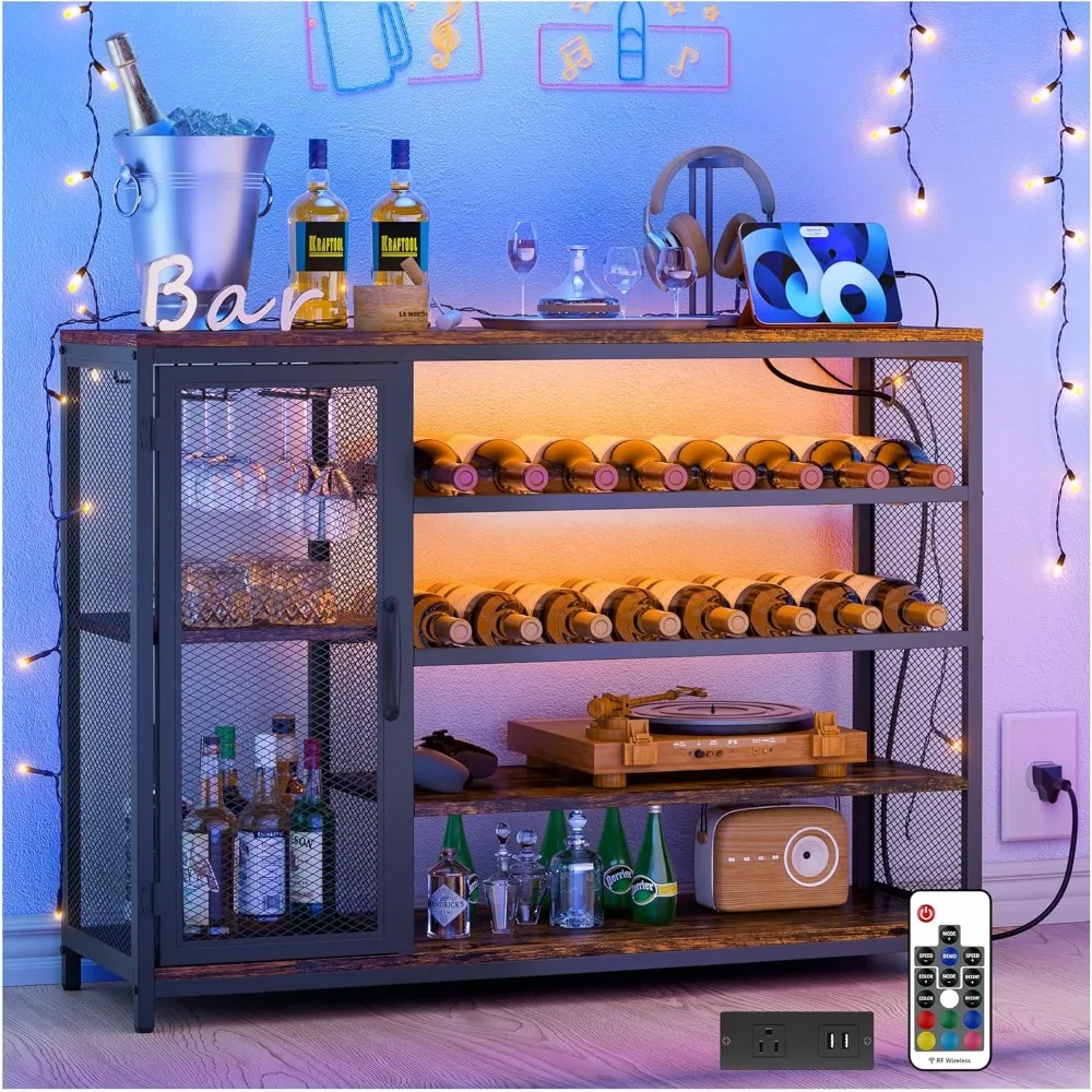 Dimmable Wine Bar Cabinet with LED Lights and Charging Station, Rustic Brown, Wine Cabinets